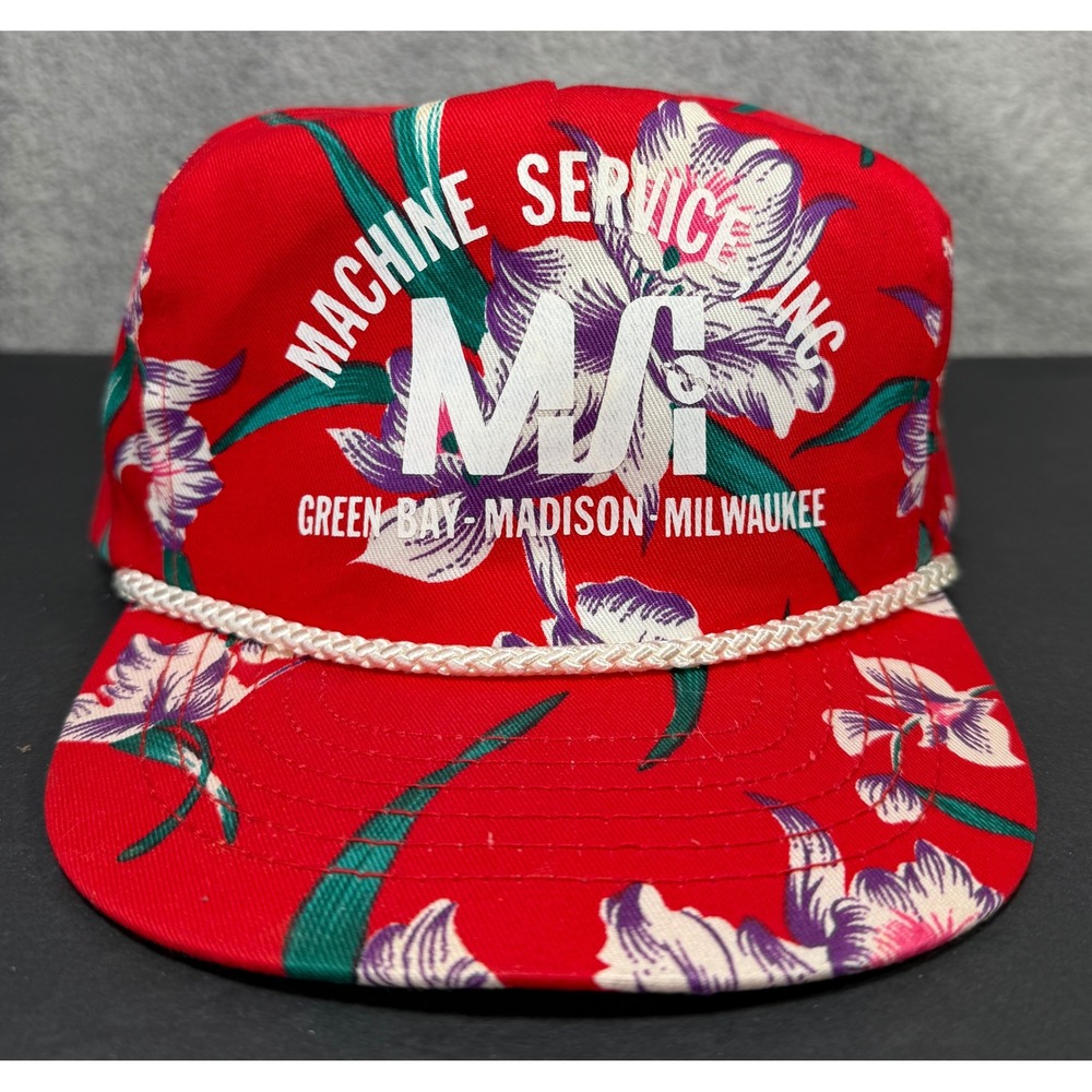 San Sun Trucker Hat Mens OSFA Red Floral Machine Service Inc Rope Snapback Cap